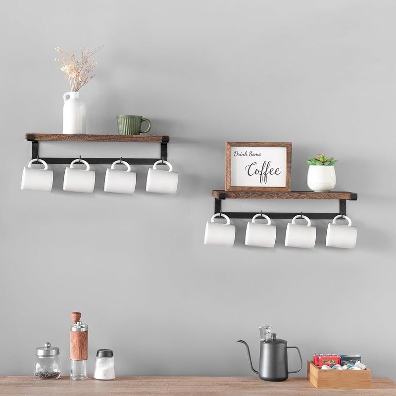 Dahey Mug Holder Wall Mounted Mug Rack with Hooks, Set of 2, Storage Rustic Floating Shelf Coffee Bar Accessories Wood Coffee Cup Hanger for Organizing Cooking Utensil Home Kitchen Decor, Brown - Image 2